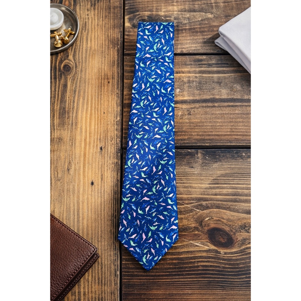 Izod Mens Tie Navy Blue Pink Green‎ Shark Pattern Nautical Polyester Necktie
